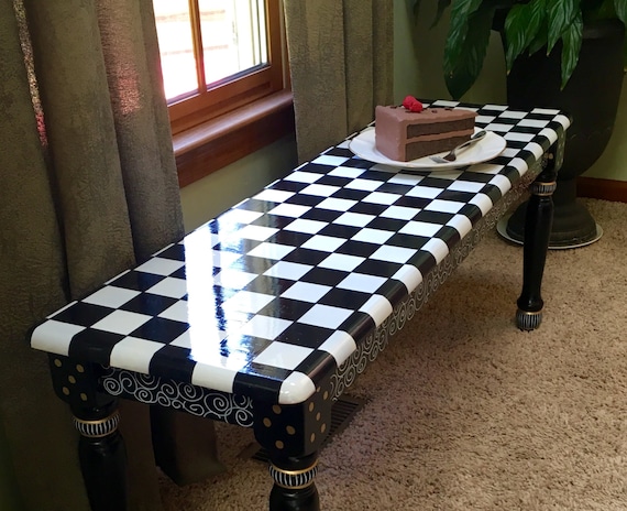 Painted Farmhouse Bench, Black and White Checkered Design, Whimsical Decor