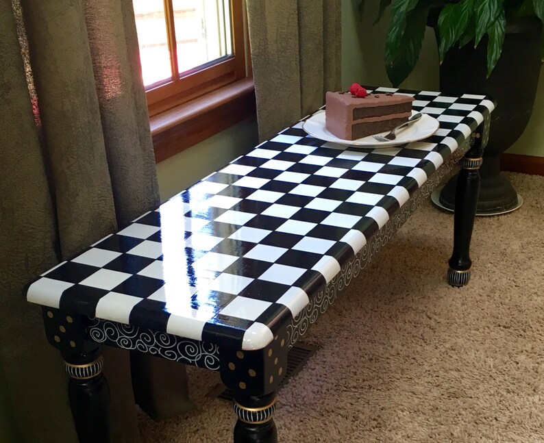 Painted Farmhouse Bench, Black and White Checkered Design, Whimsical Decor image 1