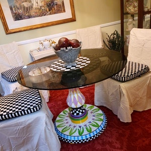 Whimsical Round Pedestal Table Base Wood, painted table base, round pedestal table, checkered table, Alice in wonderland table base