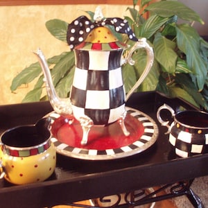 Painted Tea Set // Whimsical Painted Silver Tea Set // Silver Tea Set hand painted home decor