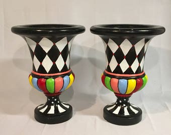 Painted urn planter pot 21 inches tall, one (1) whimsical painted planter urn, harlequin urn hand painted home decor, flower pot, custom pot