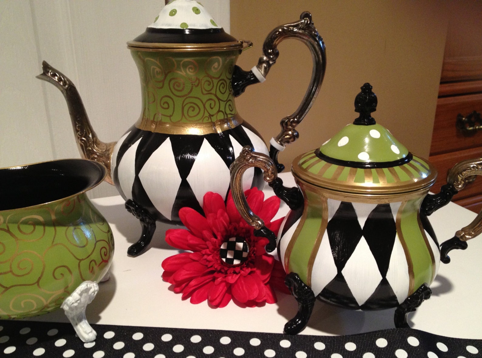 Painted Tea Set // Painted Silver Tea Set // Whimsical Painted Etsy