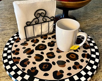 Leopard painted lazy susan turntable, wood lazy Suzan black white checkered with leopard, turntable, leopard centerpiece, custom lazy susan