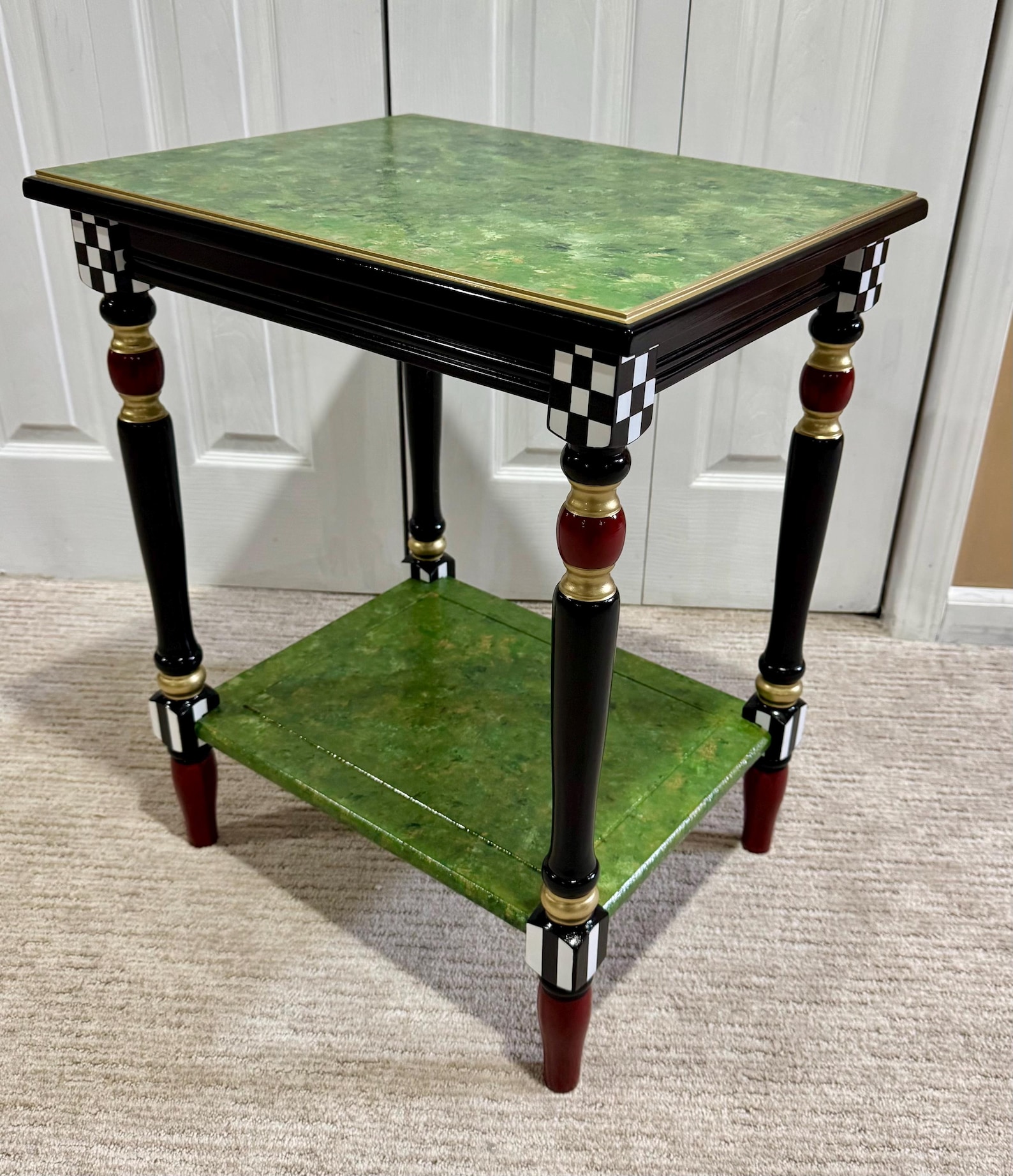 Hand-Painted green gold black Accent Table, Custom Designed Side Table