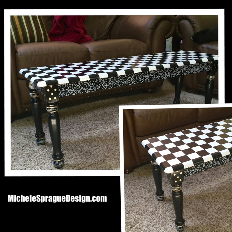 Painted Farmhouse Bench, Black and White Checkered Design, Whimsical Decor image 3