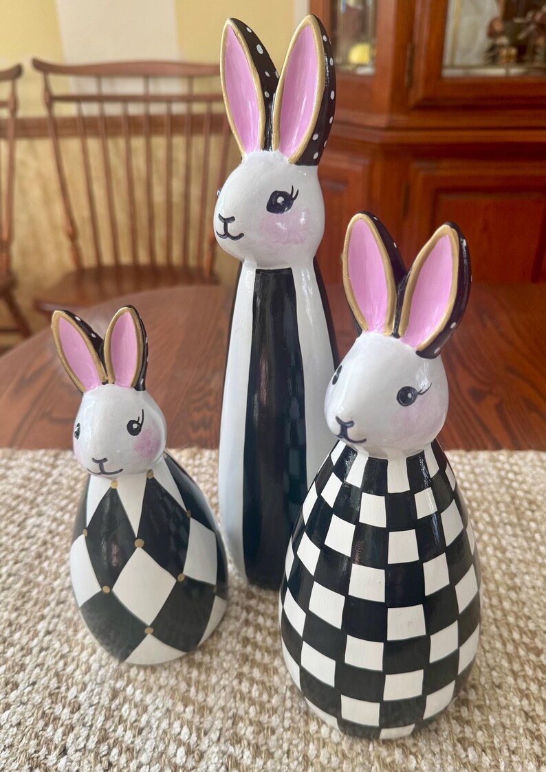 Whimsical Painted Bunny Rabbit Trio for Indoors or Outdoors, Black and ...