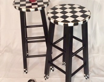 Hand Painted Bar Stool, Black and White Checkered, Whimsical Decor, 29 Inch