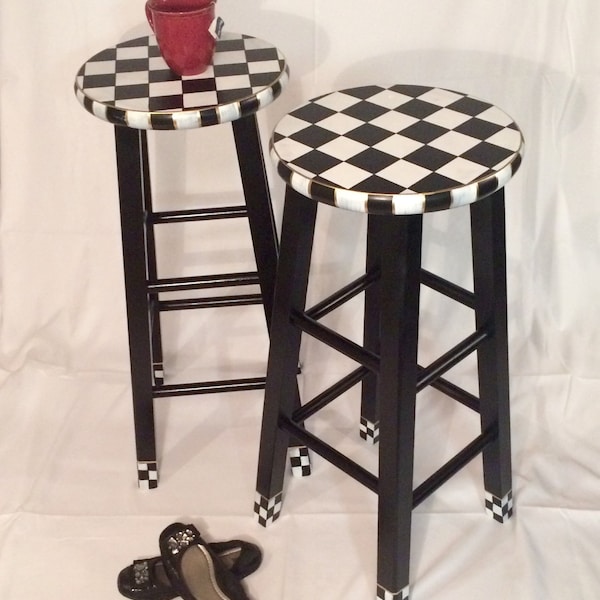Hand Painted Bar Stool, Black and White Checkered, Whimsical Decor, 29 Inch