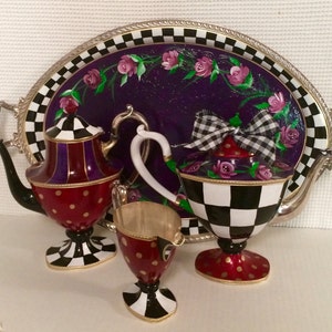 Painted Tea Set // Painted Silver Tea Set // Whimsical Painted Tea Set hand painted home decor