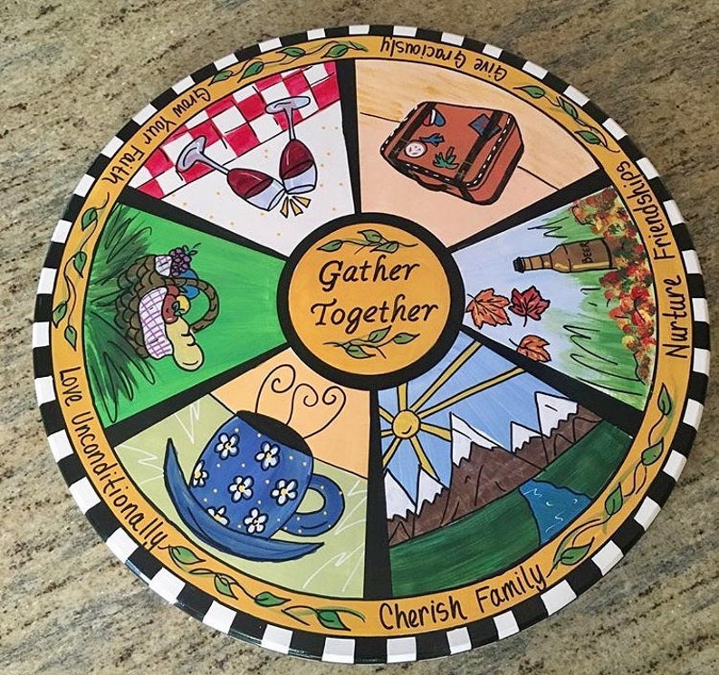 6 Section Whimsical Painted Lazy Susan Turntable Six Personalized Turntabl hand painted home decor Custom Painted Lazy Susan Turntable