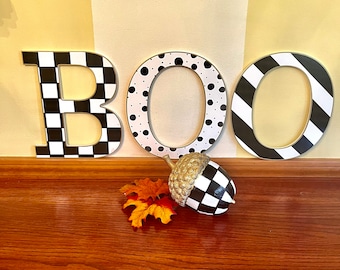 Painted Wood Letter, BOO sign, Halloween Boo, Painted Wood Letters, Check Stripe polka dots, black and white BOO letters, Halloween decor