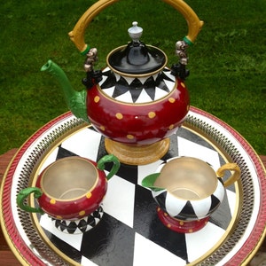 Painted Tea Set// Painted Silver Tea Set// Whimsical Painted Tea Set hand painted home decor image 1