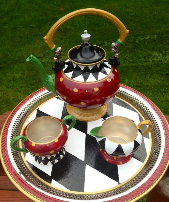 Painted Tea Set// Painted Silver Tea Set// Whimsical Painted Tea Set hand  painted home decor