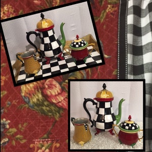 Painted Tea Set painted Silver Tea Set Whimsical Painted Tea Set hand painted home decor Painted Tea Set Black and White