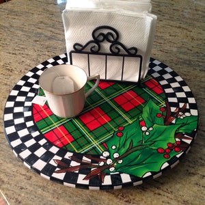 Painted Lazy Susan, Christmas centerpiece, Christmas Painted Turntable, Christmas plaid Christmas Holly lazy susan, christmas plaid art