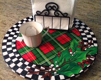 Painted Lazy Susan, Christmas centerpiece, Christmas Painted Turntable, Christmas plaid Christmas Holly lazy susan, christmas plaid art