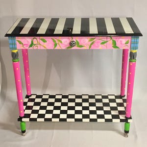 Whimsical Painted Furniture, Painted Console Table, Whimsical Painted Table, Black and white checkered Tablepainted furniture hand painted