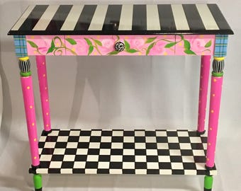 Whimsical Painted Furniture, Painted Console Table, Whimsical Painted Table, Black and white checkered Tablepainted furniture hand painted