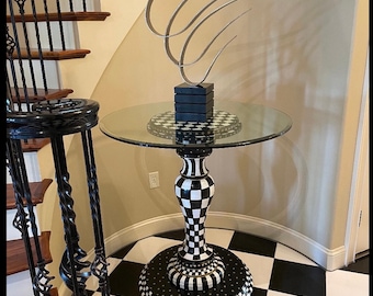 Whimsical Round Pedestal Table Base Wood, painted table base, round pedestal table, checkered table, Alice in wonderland table base