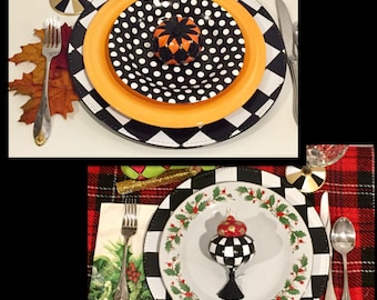 Charger plates Set of 4, painted chargers, black and white checked charger plates, Alice in wonderland hand painted home decor