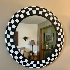 Whimsical Painted mirror 30&quot;, round black and white checked mirror, wall mirror, hand painted round wall mirror, living room wall mirror