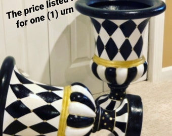 Painted urn planter pot 21 inches tall, one (1) whimsical painted planter urn, harlequin urn hand painted home decor, flower pot, custom pot