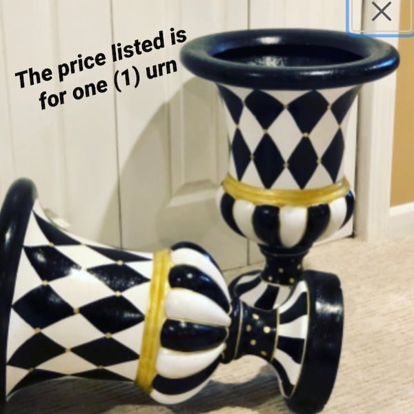 Painted urn planter pot 21 inches tall, one (1) whimsical painted planter urn, harlequin urn hand painted home decor, flower pot, custom pot