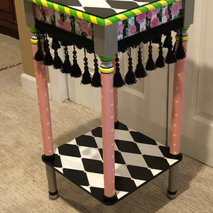 Whimsical Painted Furniture, Whimsical Painted square accent Table, Whimsical Painted Furniture, Harlequin Alice in wonderland furniture