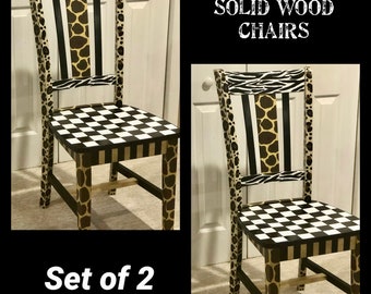 Painted dining chairs set of (2), leopard chair, giraffe chair, animal print painted kitchen chair, solid wood painted chair