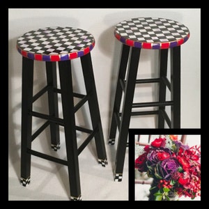 Whimsical Painted Furniture, 29 inch Painted bar stool,  painted custom round top wooden bar stool, counter stool - chair hand painted