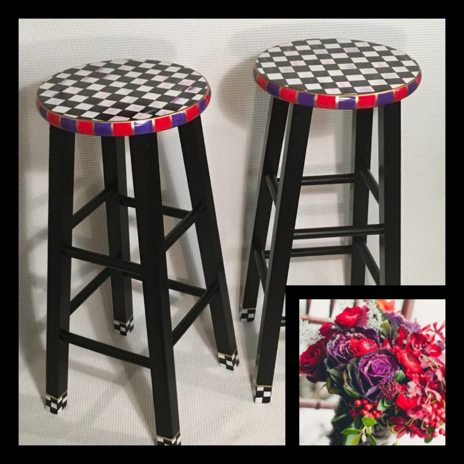 Whimsical Painted Bar Stool, Checkerboard Top, Gold Leaf Detail - Etsy
