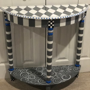 Whimsical Painted Furniture, Nautical Harlequin painted table, Half Moon Crescent Table, painted furniture, harlequin painted table