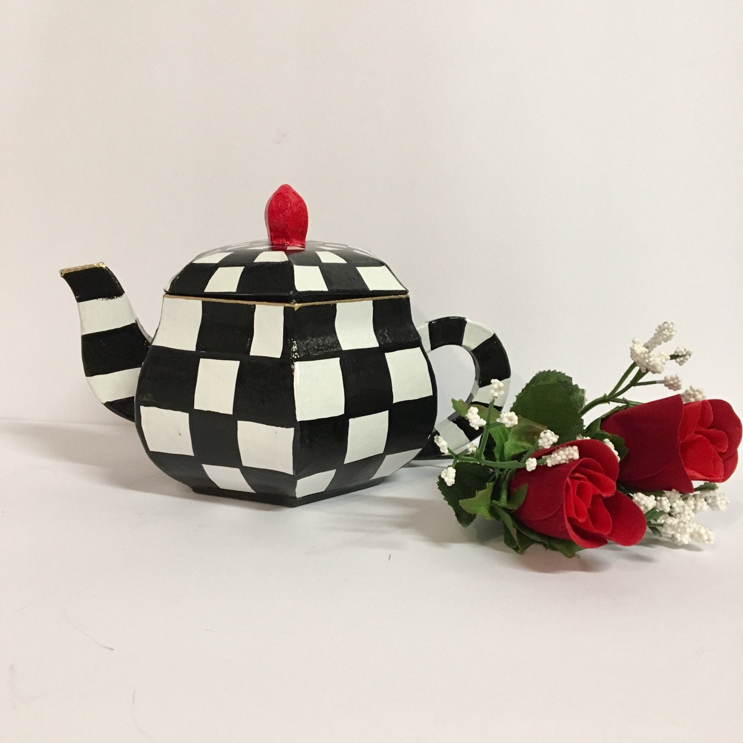 Whimsical Painted Teapot // Checkerboard Ornaments // Black Etsy