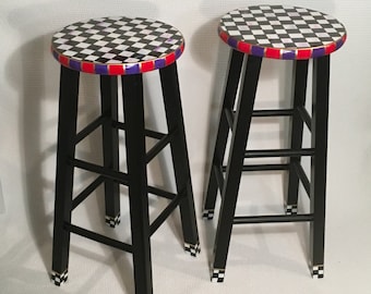 Whimsical Painted Bar Stool, Checkerboard Top, Gold Leaf Detail