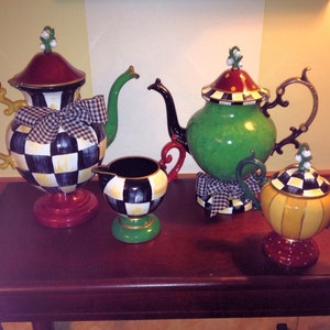 Painted Tea Set, Whimsical Painted Silver Tea Set, Silver Tea Set hand painted home decor
