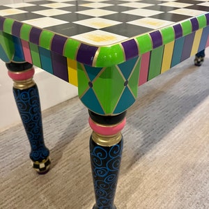 Whimsical Painted Furniture, Painted Farmhouse Bench. Whimsical painted bench, Alice in wonderland Chair, Black and WHite Checks