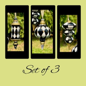 Ornament Set of 3 Solid Wood finial, hand Painted, black and white  ornaments with gold leaf and ribbon hanger, whimsical ornaments