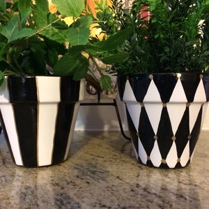 Black and white checkered pot planter, three piece set, whimsical painted planters, 4.5 terra cotta pots planters image 3