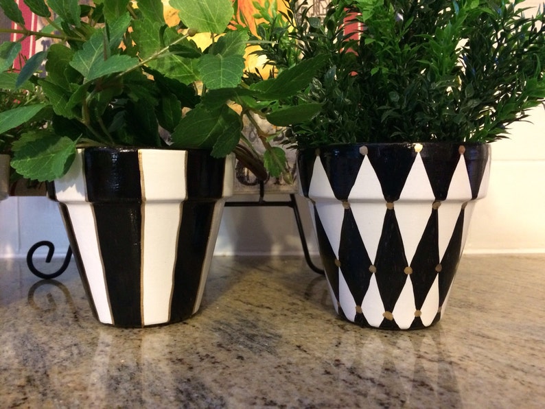 Black and white checkered pot planter, three piece set, whimsical painted planters, 4.5 terra cotta pots planters image 3