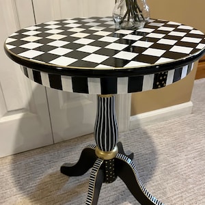 Painted pedestal round accent table, checkered side table, round side table , black and white checkered table, Alice in wonderland table image 5