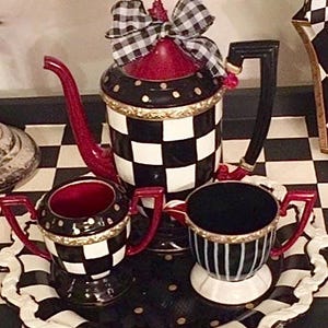 Whimsical painted tea set, silver tea set, painted tea set hand painted home decor