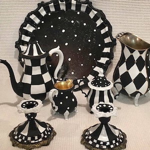 Whimsical painted tea set, silver tea set, painted tea set