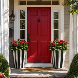 May include: A bright red front door with four rectangular panels and a black door knocker, flanked by two tall, tapered planters featuring vertical black and white stripes, each containing a lush arrangement of vibrant red geranium flowers.