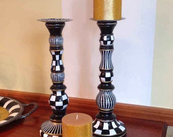 Wood Tall Candle Sticks SINGLE PIECE Black and White Checks Hand