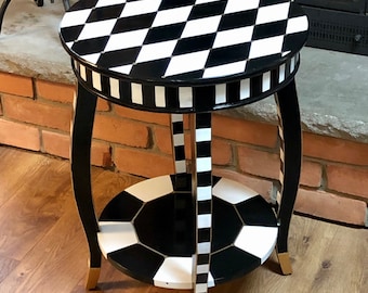 Whimsical painted table, black and white harlequin painted end table, painted round end tablepainted furniture hand painted home decor