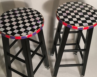 Whimsical Checkerboard Painted Bar Stool, Custom 29 inch Wooden Counter Stool