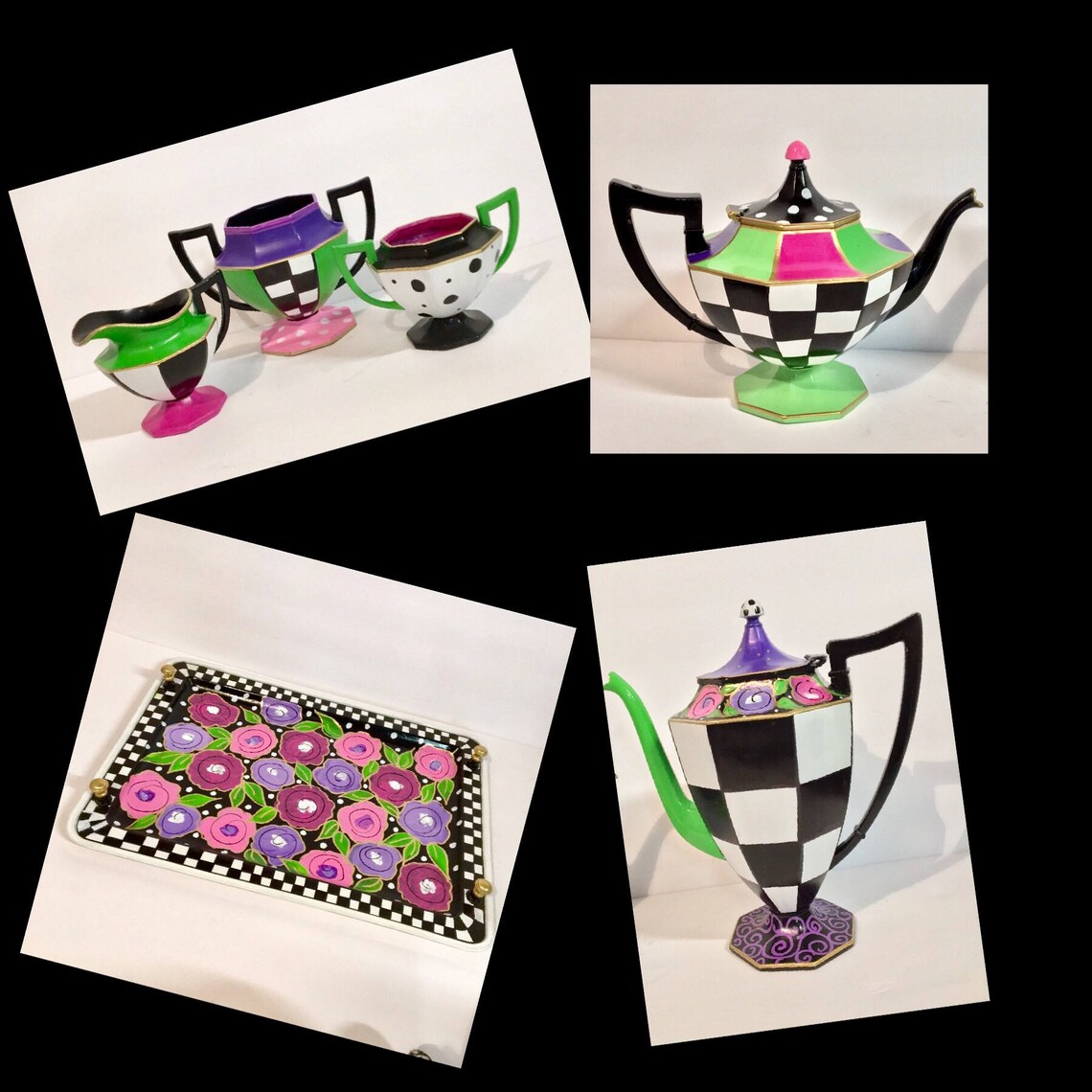 Whimsical Painted Tea Set Silver Tea Set Painted Tea Set Etsy