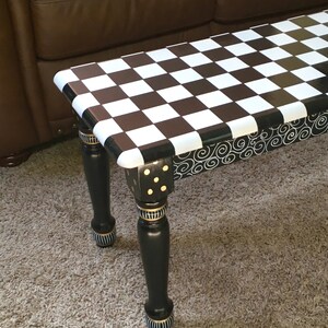 Painted Farmhouse Bench, Black and White Checkered Design, Whimsical Decor image 4