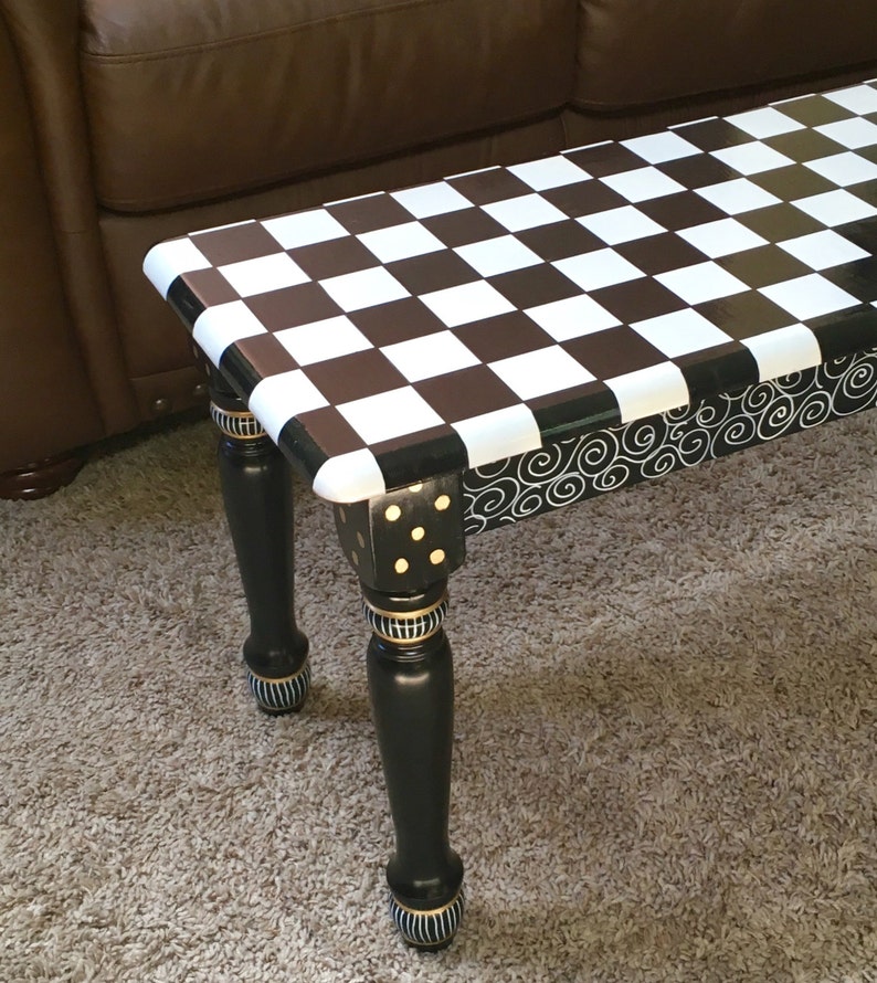 Painted Farmhouse Bench, Black and White Checkered Design, Whimsical Decor image 4