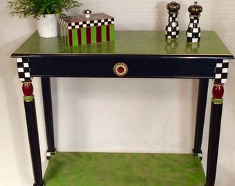 Hand Painted Console Table, Marbleized Green and Gold Accent Furniture